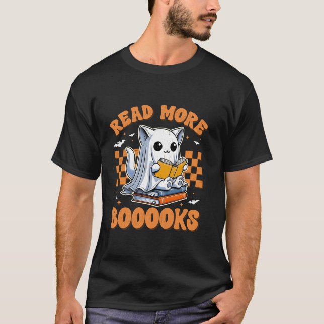 Read More Boooks Funny Groovy Halloween Cat Ghost  T-Shirt (Front)