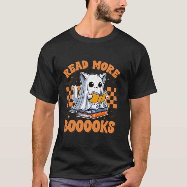 Read More Boooks Funny Groovy Halloween Cat Ghost  T-Shirt (Front)