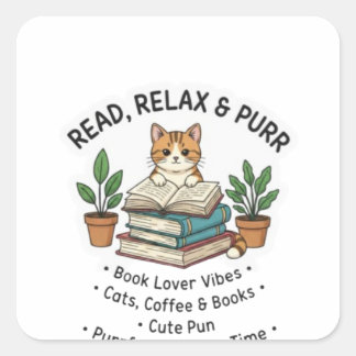 Read, Relax & Purr – Cute Cat Reading Books Sticke Square Sticker