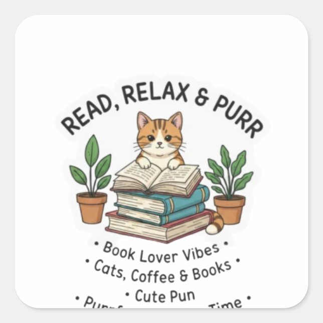 Read, Relax & Purr – Cute Cat Reading Books Sticke Square Sticker (Front)