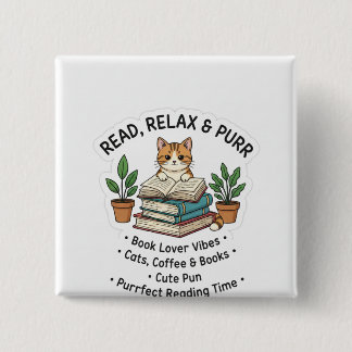 Read Relax & Purr – Cute Cat With Books Sticker |। 15 Cm Square Badge
