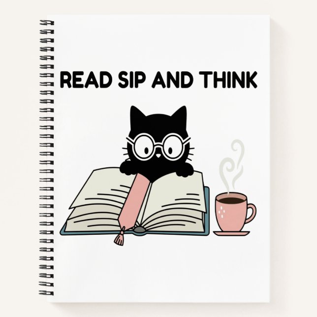Read Sip And Think Cute Cat Reading Book & Coffee  (Front)