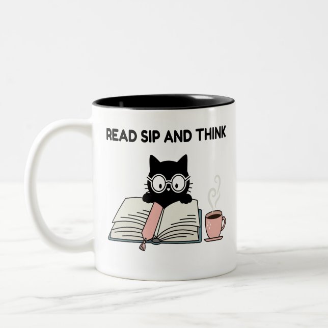Read Sip And Think Cute Cat Reading Book & Coffee  Two-Tone Coffee Mug (Left)