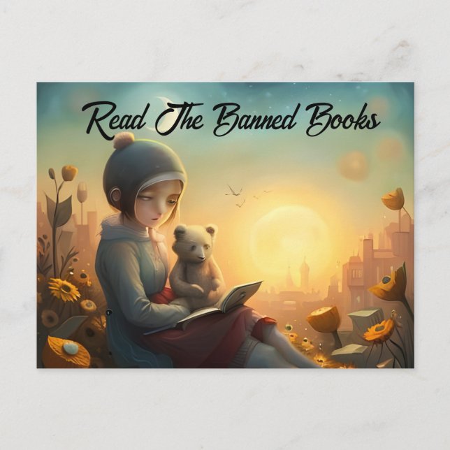 Read the Banned Books Girl and Bear Reading Postcard (Front)