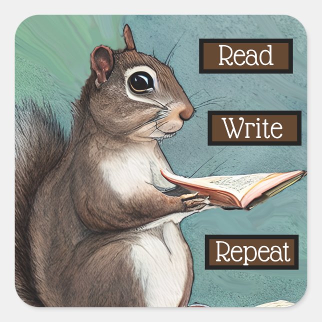 Read, Write, Repeat, Squirrel on Books Square Sticker (Front)