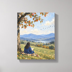 Reader beneath a Persimmon Tree   Peaceful Landsca Canvas Print
