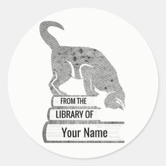 Reader Black Cat Bookplate in Retro Halftone Style Classic Round Sticker