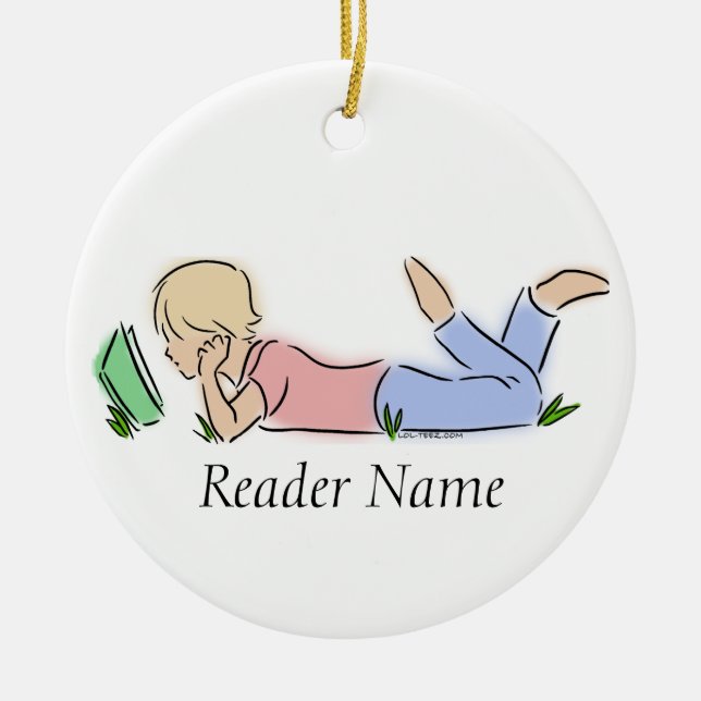 Reader in Grass (Custom Name) Ceramic Tree Decoration (Front)