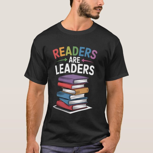 Readers Are Leaders - Colourful Book Stack Design T-Shirt (Front)