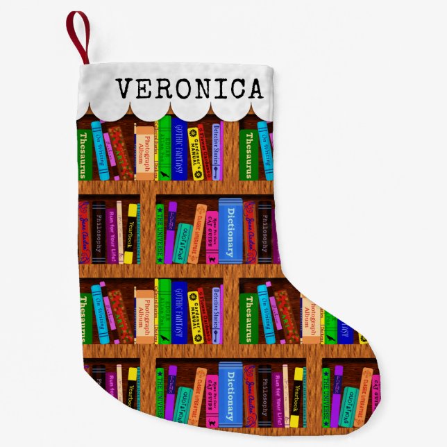 Readers Library Bookshelf Book Pattern Custom Name Small Christmas Stocking (Front)