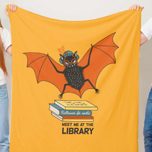 Reading Bat Whimsical Librarian with Books Fleece Blanket
