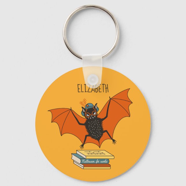 Reading Bat | Whimsical Librarian with Books Key Ring (Front)