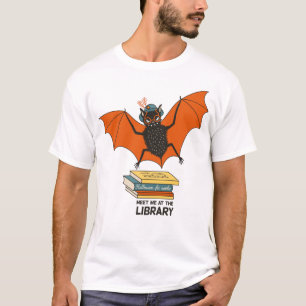 Reading Bat Whimsical Librarian with Books T-Shirt
