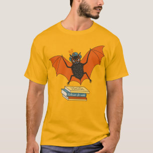 Reading Bat Whimsical Librarian with Books T-Shirt