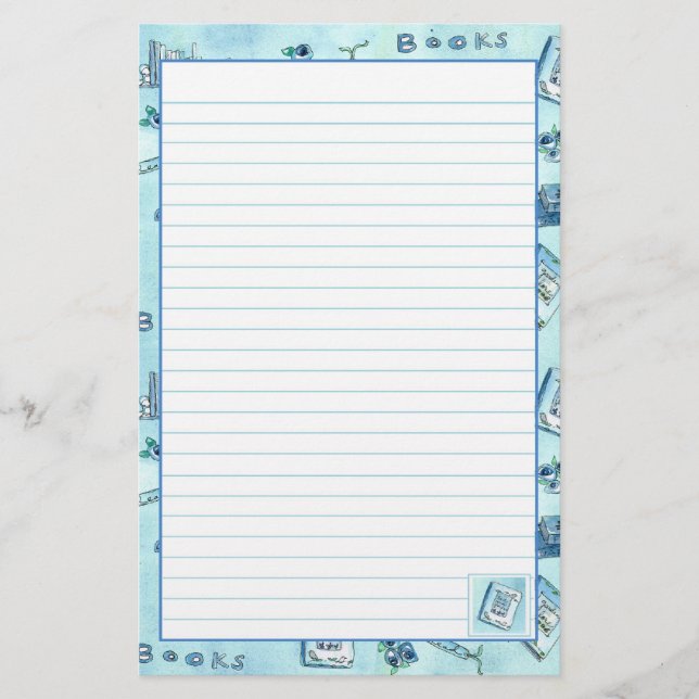 Reading Books Pastel Blue Lined Stationery (Front)