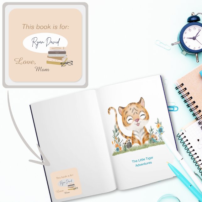 Reading Books Personalised Kids Bookplate Square Sticker (Reading Collection Bookplate Books)