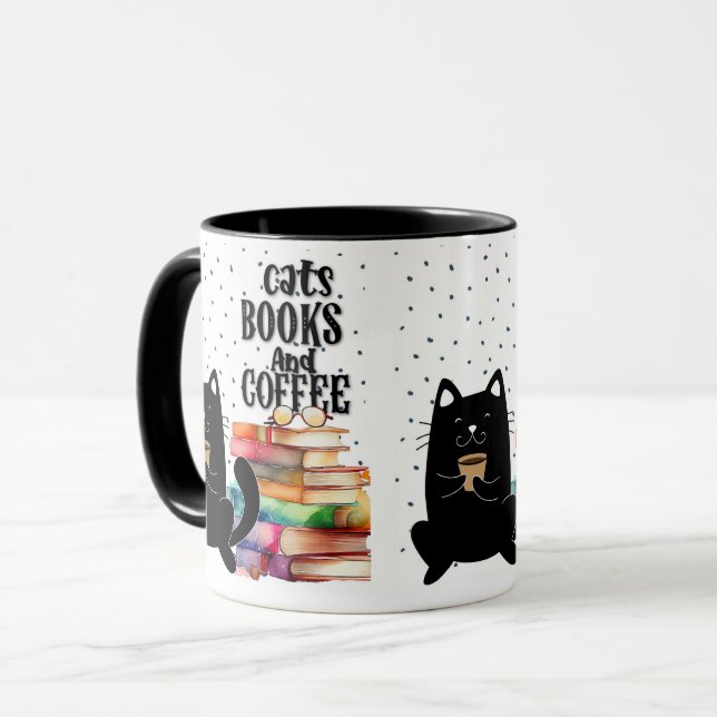 Reading Books with Cute Black Cat: Book Lover's Mug (Front Left)
