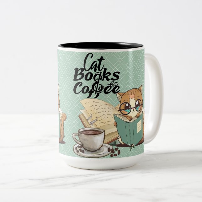 Reading Books with Cute Cat: Cosy Book Lover's Two-Tone Coffee Mug (Front Right)