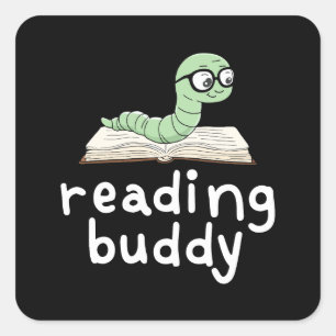 Reading Buddy Cute Bookworm with Book Square Sticker