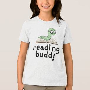 Reading Buddy Cute Bookworm With Book Tri-Blend Shirt