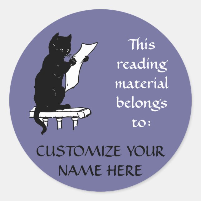 Reading Cat Bookplate Sticker in Denim Blue (Front)