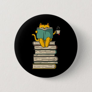 Reading Cat - Funny Book And Tea Lover Gift Short  6 Cm Round Badge