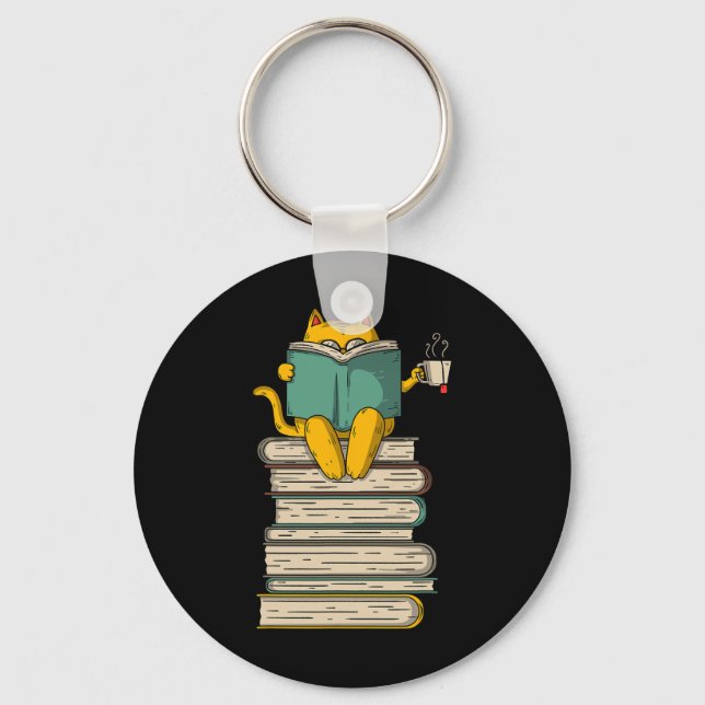 Reading Cat - Funny Book And Tea Lover Gift Short  Key Ring (Front)