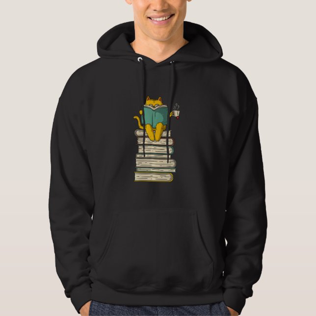 Reading Cat Funny Book Tea Lover Gift Long Sleeve Hoodie (Front)