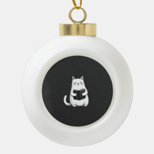 Reading Cat Funny Cat Book Lover Ceramic Ball Christmas Ornament