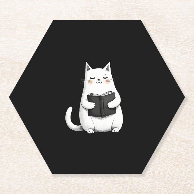 Reading Cat Funny Cat Book Lover Paper Coaster (Front)