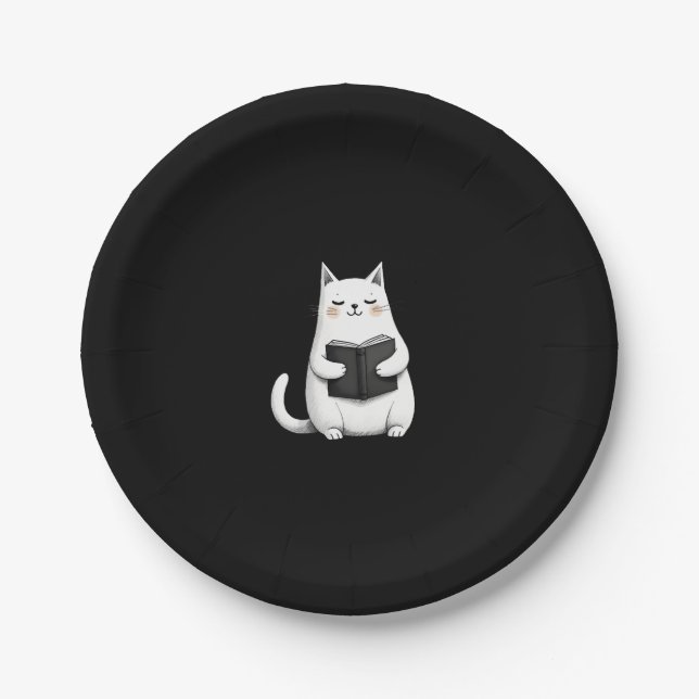 Reading Cat Funny Cat Book Lover Paper Plate (Front)