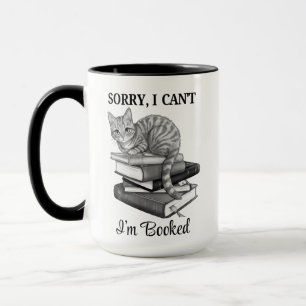 Reading Cat I’m Booked Black and White Mug