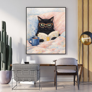 reading cat illustration black cat art cosy poster