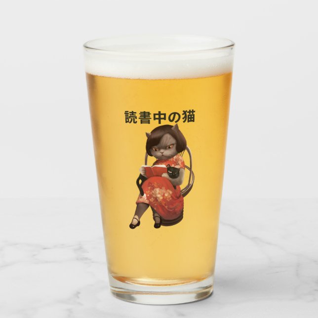 Reading Cat in Cheongsam - Retro Anime Kanji Art Glass (Front Filled)