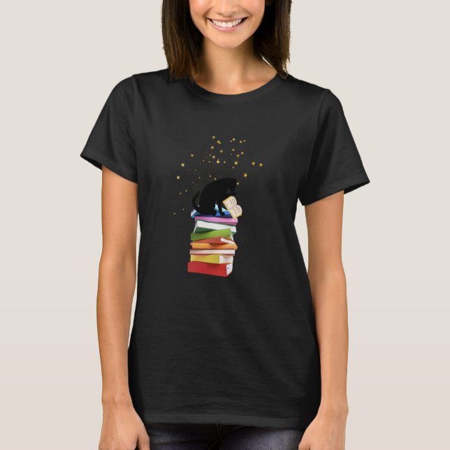 Reading Cat on Stack of Books T-Shirt (Front)