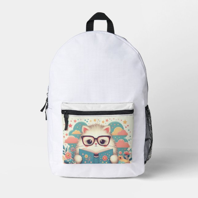 reading cat printed backpack (Front)