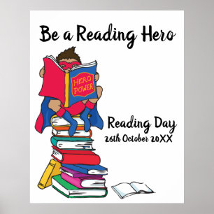 Reading day reading on a stack of books boy event poster