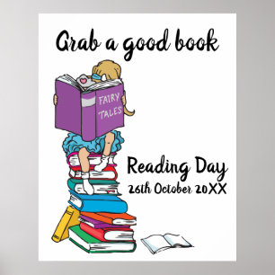 Reading day reading on a stack of books event poster