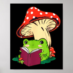 Reading Frog Mushroom Cute Nature Aesthetic Cottag Poster