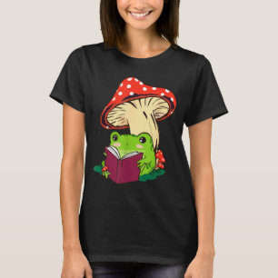 Reading Frog Mushroom Cute Nature Aesthetic Cottag T-Shirt