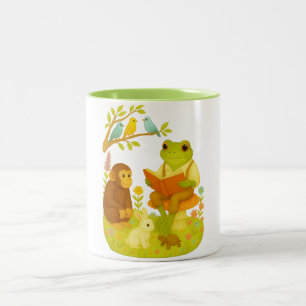 Reading Frog on Mushroom  Vintage Storytime Forest Two-Tone Coffee Mug