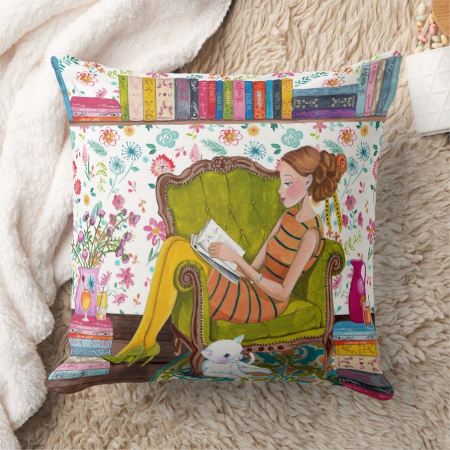 Reading girl with cat | Cotton Throw Pillow (Blanket)