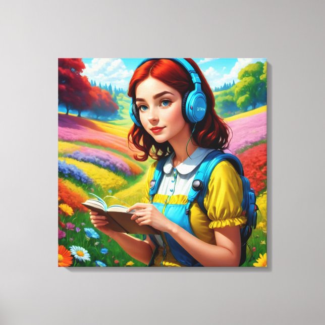 Reading Girl With Headphones Colourful Landscape Canvas Print (Front)