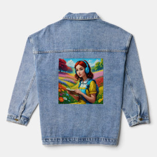 Reading Girl With Headphones Colourful Landscape Denim Jacket