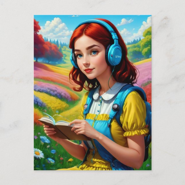 Reading Girl With Headphones Colourful Landscape Postcard (Front)