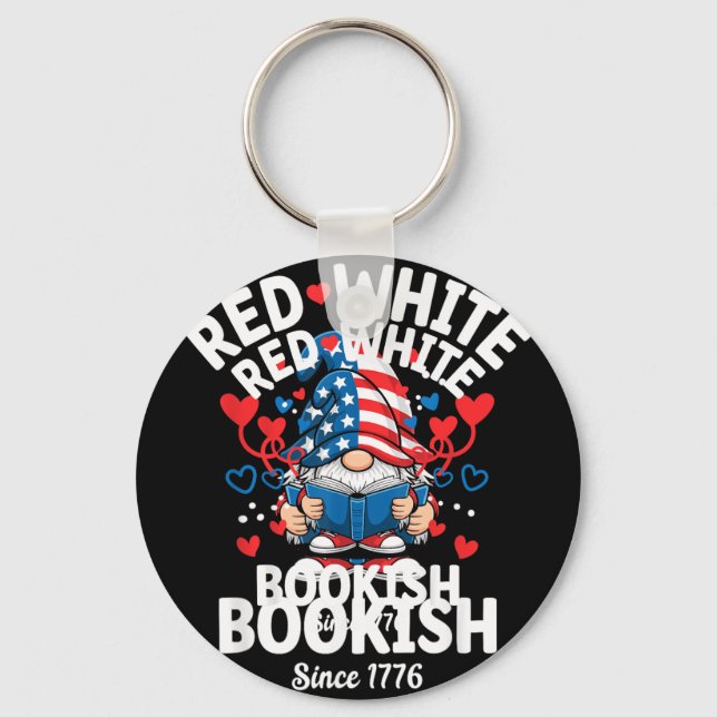 Reading Gnome Red White Bookish 4th of July Key Ring (Front)