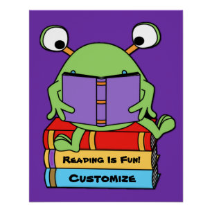 Reading Is Fun Cute Book Loving Alien Poster