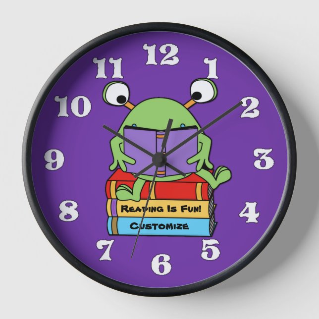 Reading Is Fun Cute Book Loving Alien Wall Clock (Front)