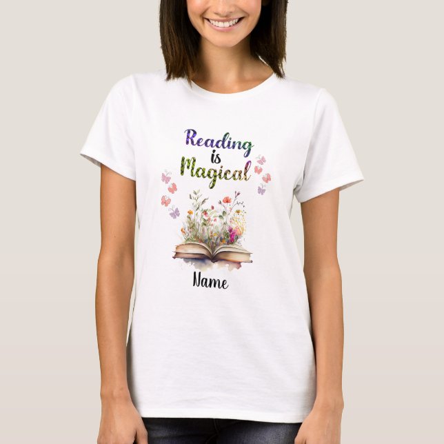 Reading is Magical Book Lovers Quote Trendy Whimsy T-Shirt (Front)