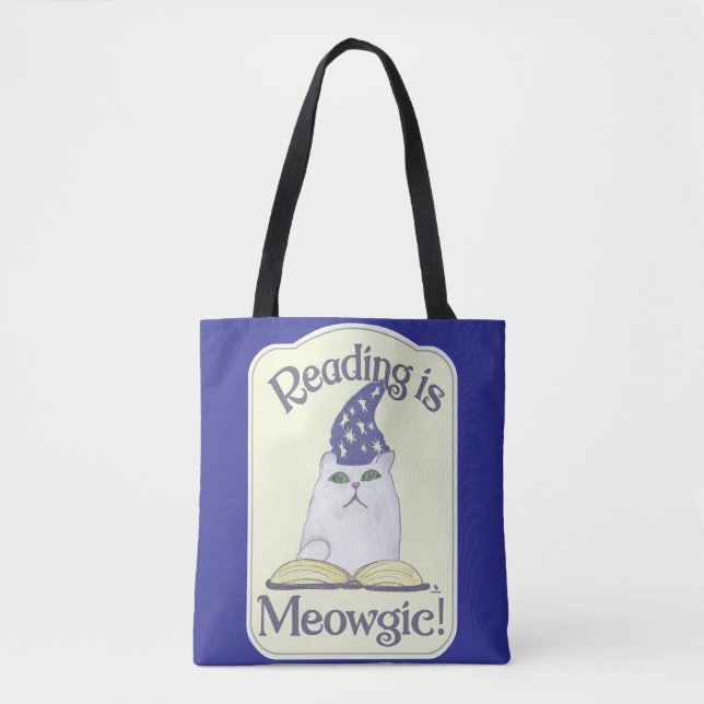  Reading is Magical Cat Fun Bookworm Slogan Tote Bag (Front)